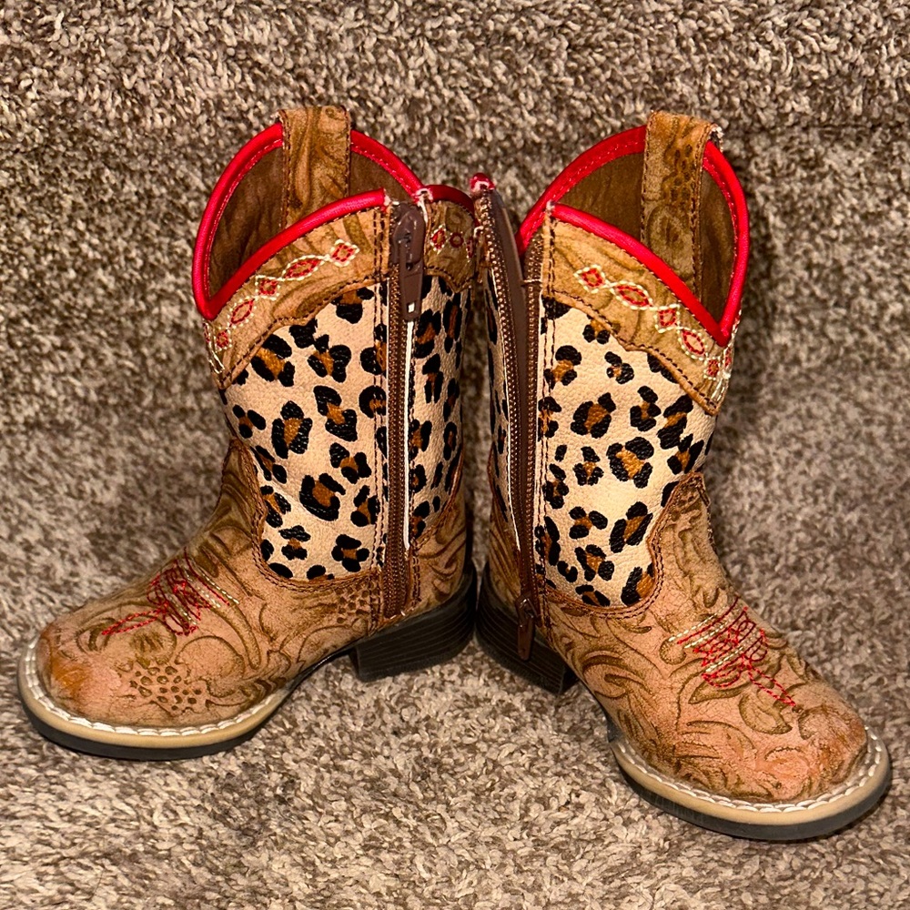 Twister Toddlers' Avery Tan Floral Embossed and Leopard Square Toe Cowboy Boots